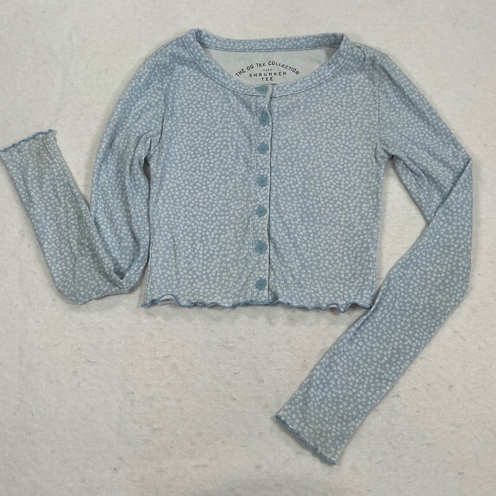 Aeropostale OG Tee Collection Shrunken Cardigan Blue Floral Ribbed Top XS